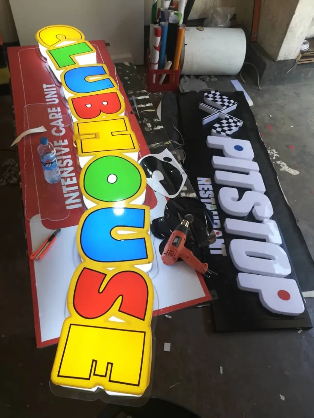 Clubhouse and Pitstop sign letters being fabricated in the workshop